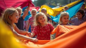 zdjęcie bawiących się europejskich dzieci kolorowymi płachtami (2)